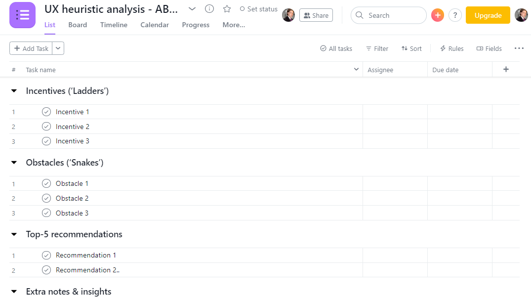 UX heuristic analysis board